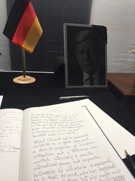 Book of condolences for Helmut Schmidt, former Chancellor of the Federal Republic of Germany