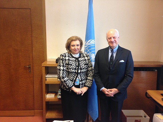 Permanent Representative of Greece Ambassador Anna Korka meets with the UN Special - Envoy for Syria Mr Staffan de Mistura