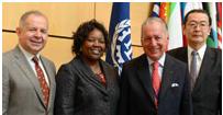  From left to right: HE Alexandros Alexandris (Governments), Ms Jacqueline Mugo (Employers) from Kenya, Mr Funes de Rioja (President of ILC) from Argentina, and Mr Takaaki Sakurada (Workers) from Japan.