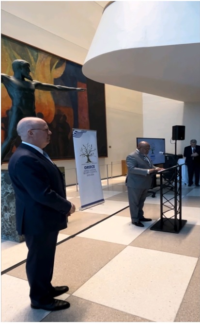 The UNGA President, Dennis Francis, delivering a speech in the presence of Ambassador E. Sekeris. In the background, the Poseidon of Artemision statue, donated by Greece on the occasion of its first UNSC membership (1952-53).