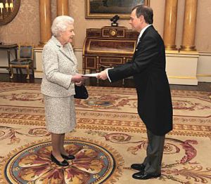 HE Ambassador Bikas presents his letter of credence to HM Queen Elizabeth II